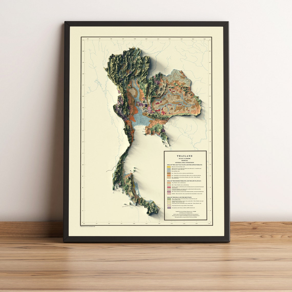 Thailand 1967 Vintage Soil Relief Map Beige Cartography Wall Art - Image 3