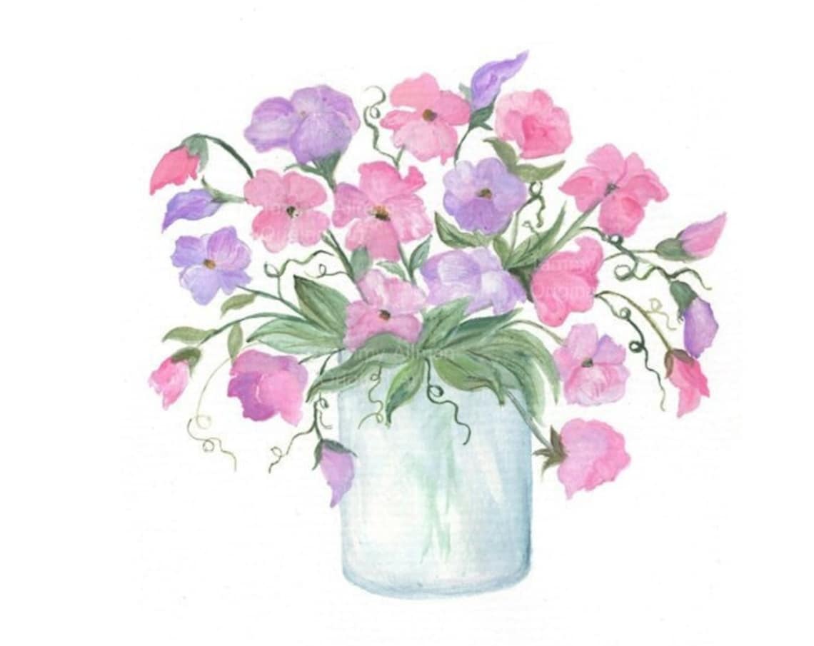 Pink and Lavender Sweet Pea Watercolor Bouquet in Glass Jar Poster