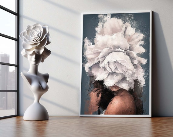 Elegant Flower Canvas Art White Bouquet Woman Portrait Neutral Minimalist Wall Dcor For Bedroom Living Room
