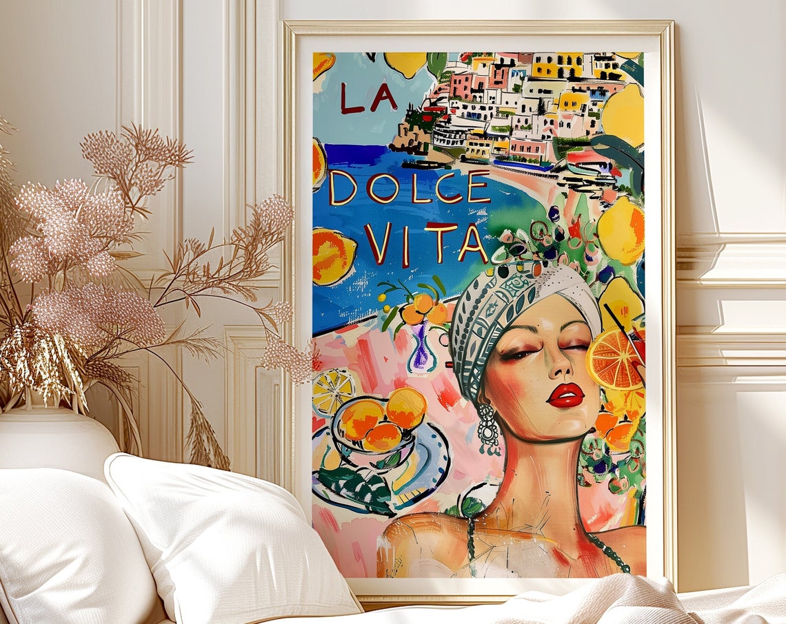La Dolce Vita Colorful Art Printretro Painted Watercolor Italian Woman Italy Wall Arttrendy Fashion Lover Home Decor Gift