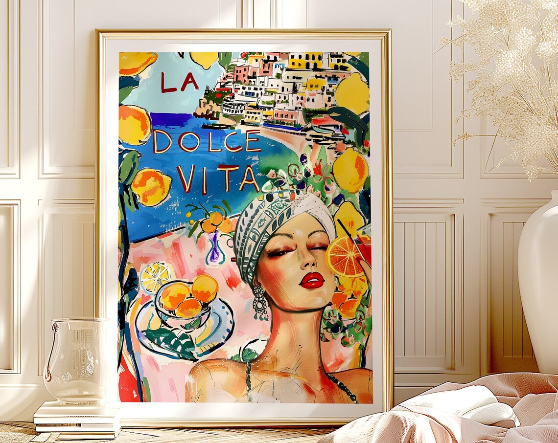 La Dolce Vita Italian Woman Lemons Watercolor Amalfi Coast Poster