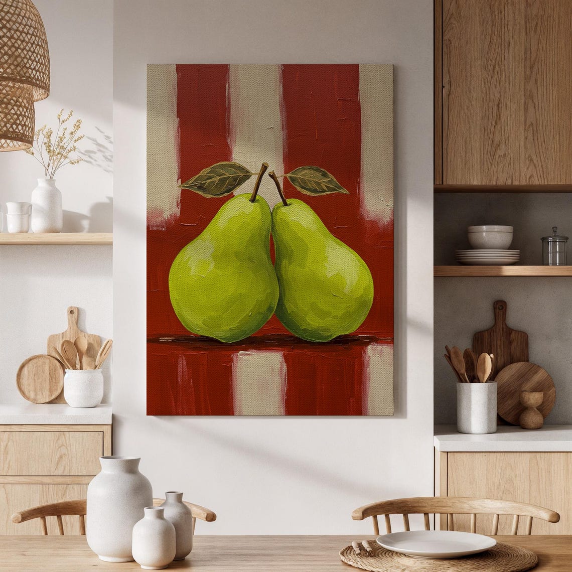 Two Green Pears On Red Stripe Background Rustic Kitchen Art Print
