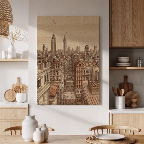 Framed Vintage Cityscape Canvas Handdrawn Urban Skyline Architectural Illustration Wall Art For Living Room Office Or Studio