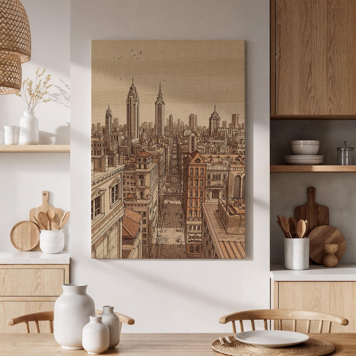 Vintage City Skyline Hand Drawn Sepia Architectural Sketch Poster