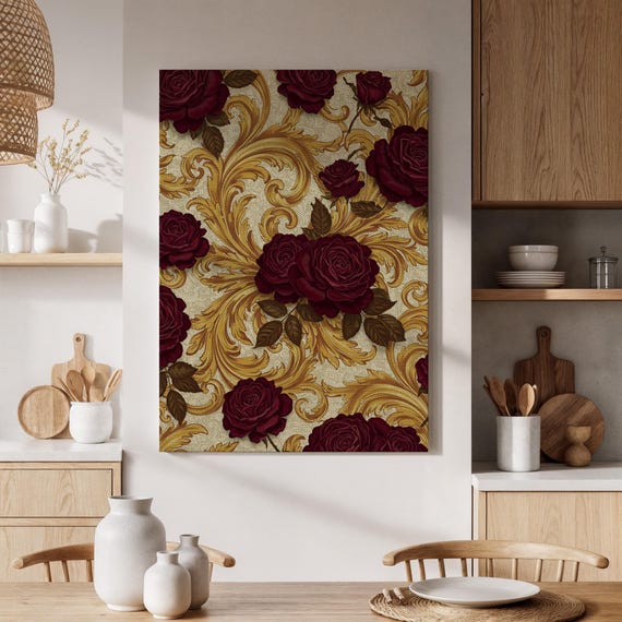 Framed Vintage Red Rose Canvas Art Elegant Floral And Gold Swirl Painting Traditional Wall Decor Botanical For Room