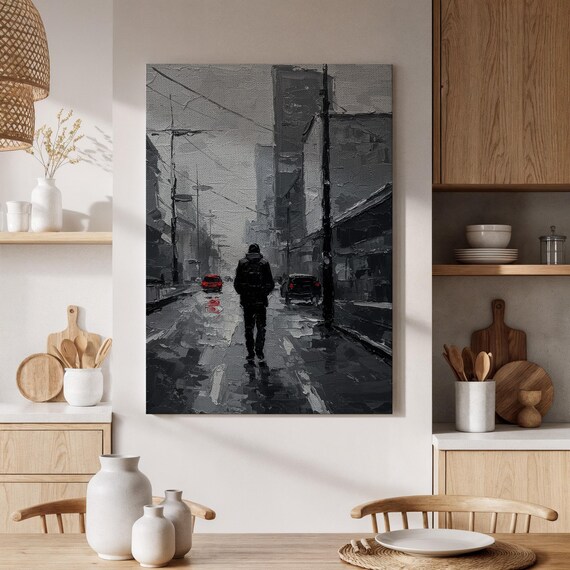 Black And White Urban Canvas Art Moody Street Scene Rainy Day Walking Artwork Minimalist Modern City Wall For Living Room Or Office