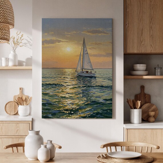 Sailboat Gliding On Golden Sunset Waters Peaceful Seascape Poster