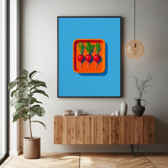 Red Radishes On Orange Tray Bold Blue Modern Veggie Art Poster