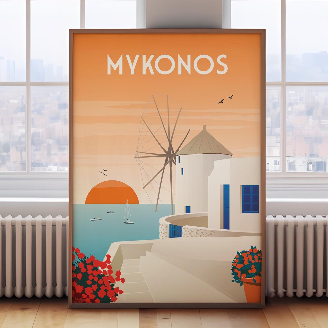 Mykonos Travel Print, Retro Greece Travel Poster