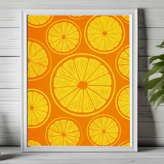 Bold Orange Citrus Slice Linocut Pattern Retro Kitchen Wall Art