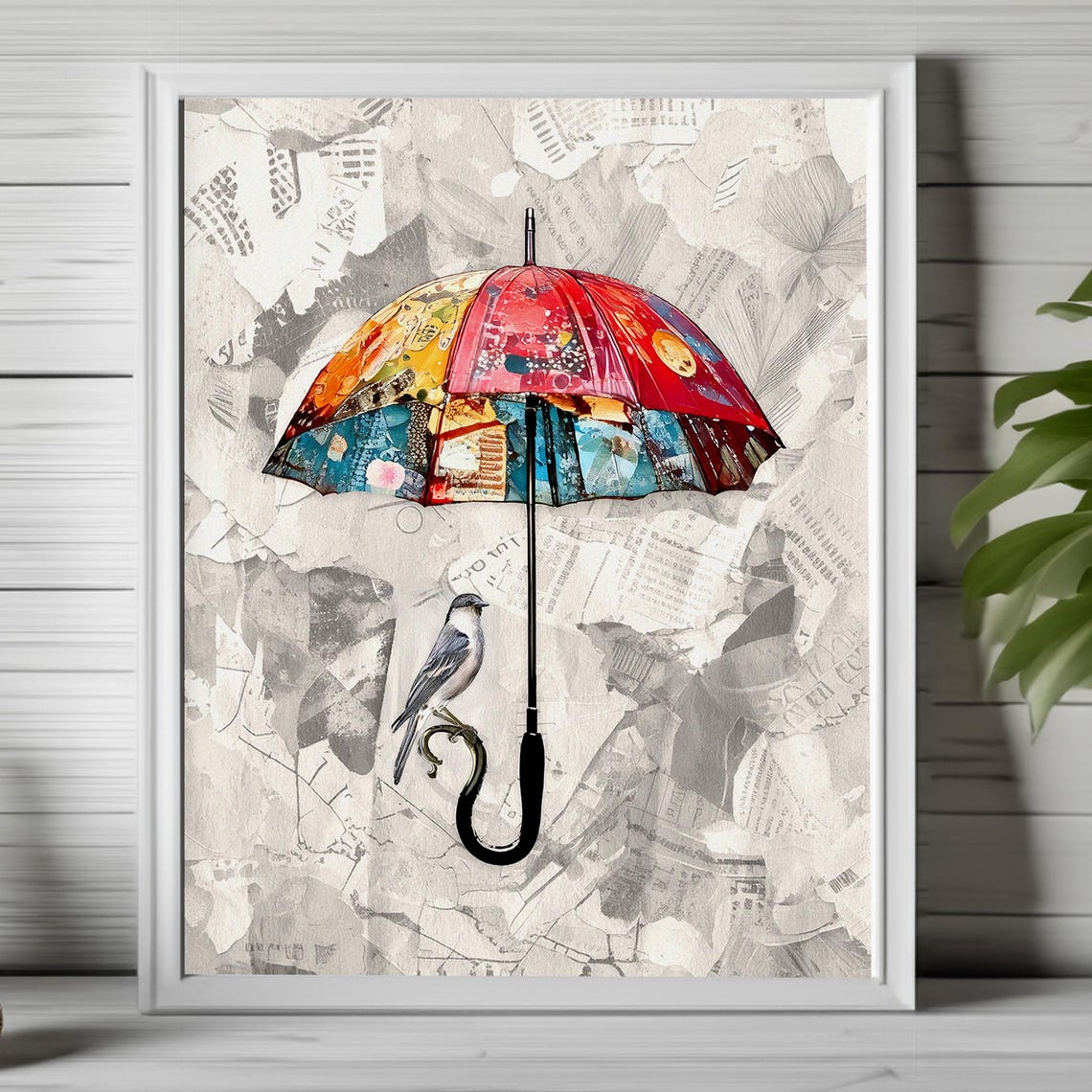 Colorful Patchwork Umbrella with Perched Songbird Collage Poster