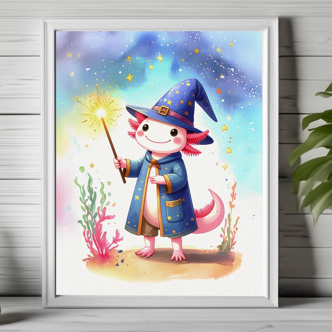 Cute Wizard Axolotl Casting Magic Stars Fantasy Kids Fine Art Poster