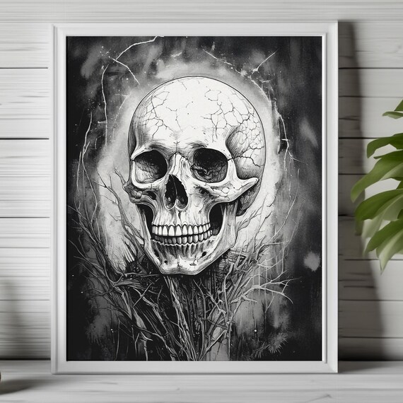 Monochrome Cracked Skull Among Dark Thorny Branches Gothic Poster