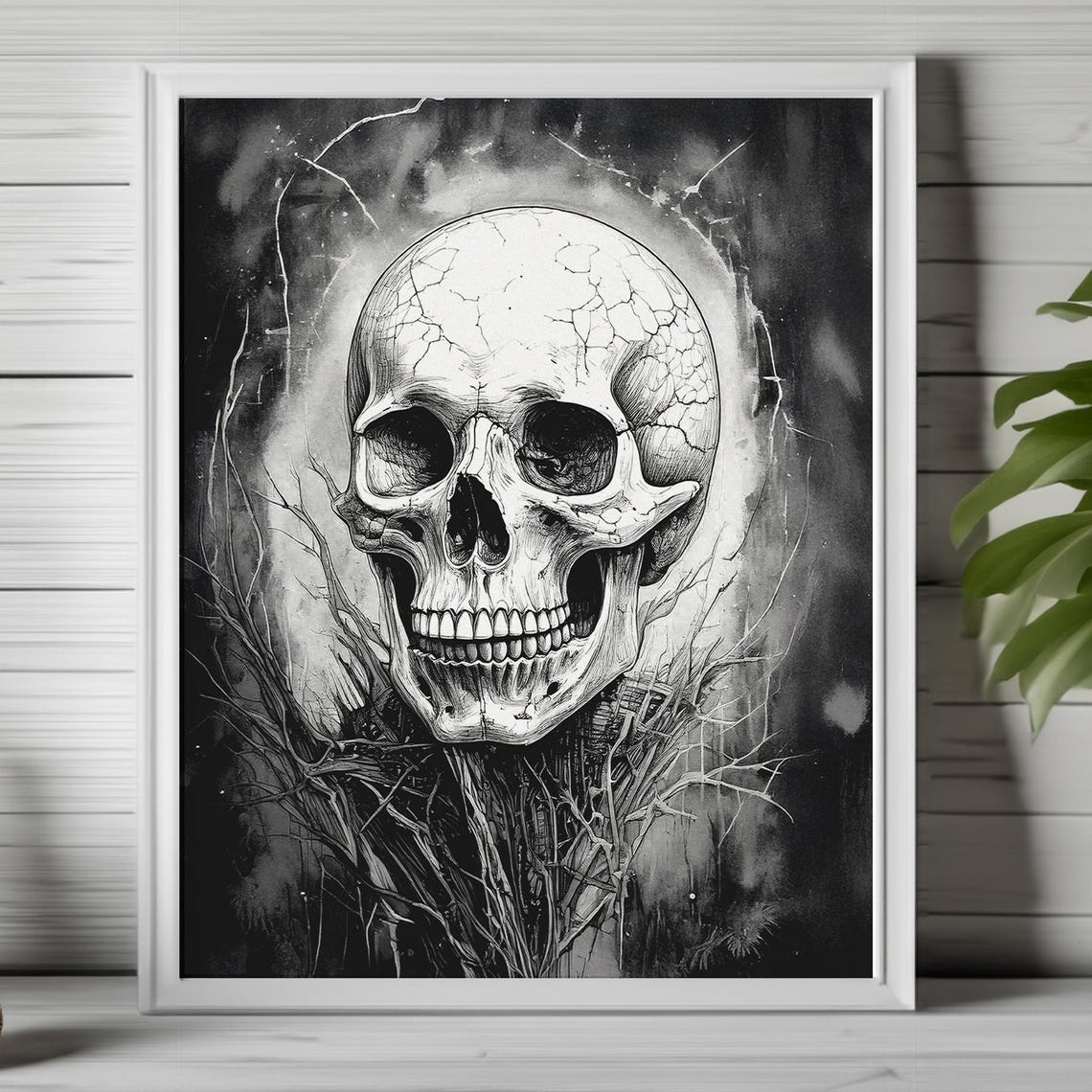 Monochrome Cracked Skull Among Dark Thorny Branches Gothic Poster