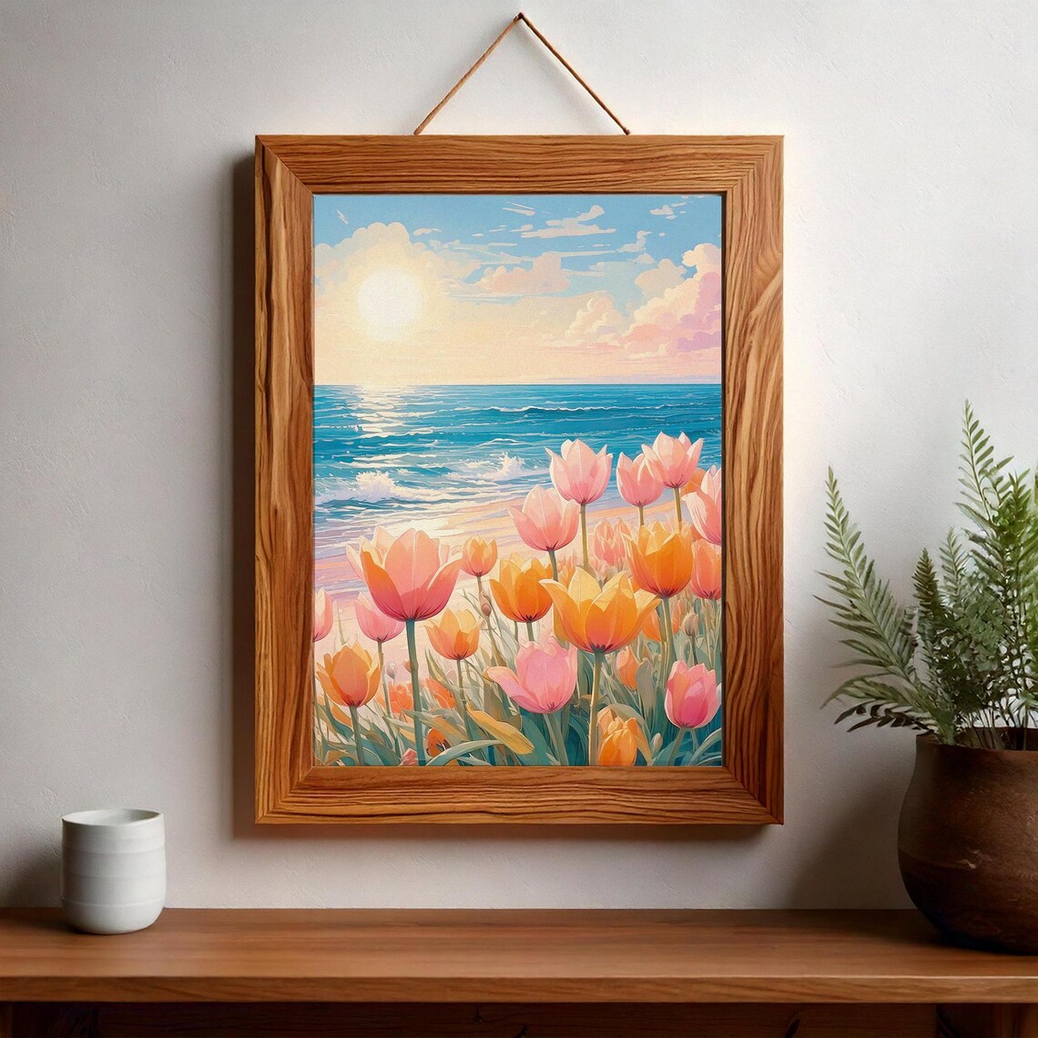 Tulip Field Blooming by the Beach at Sunrise Coastal Art Poster - Image 3
