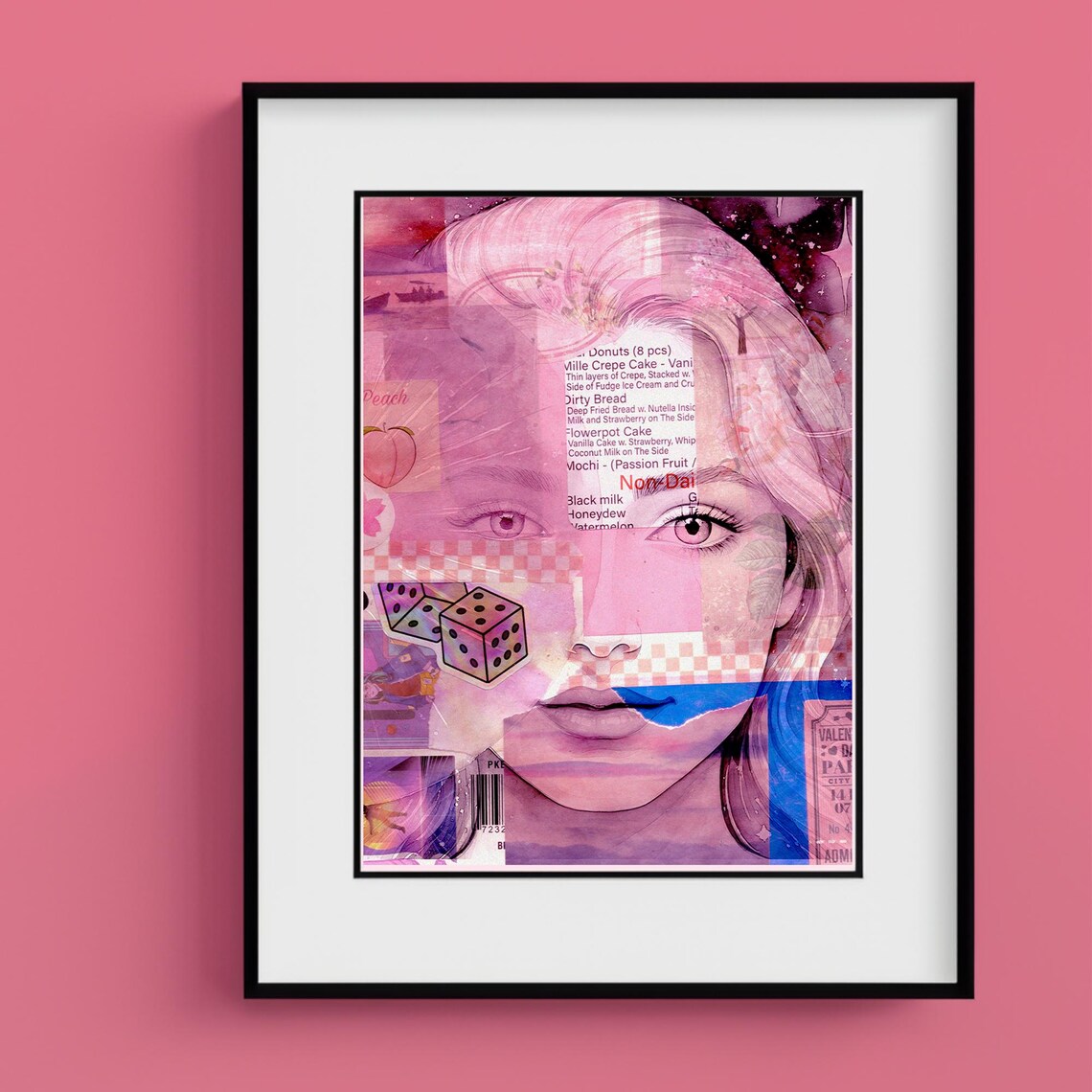 Surreal Pink Mixed Media Woman Portrait Collage Art Wall Poster