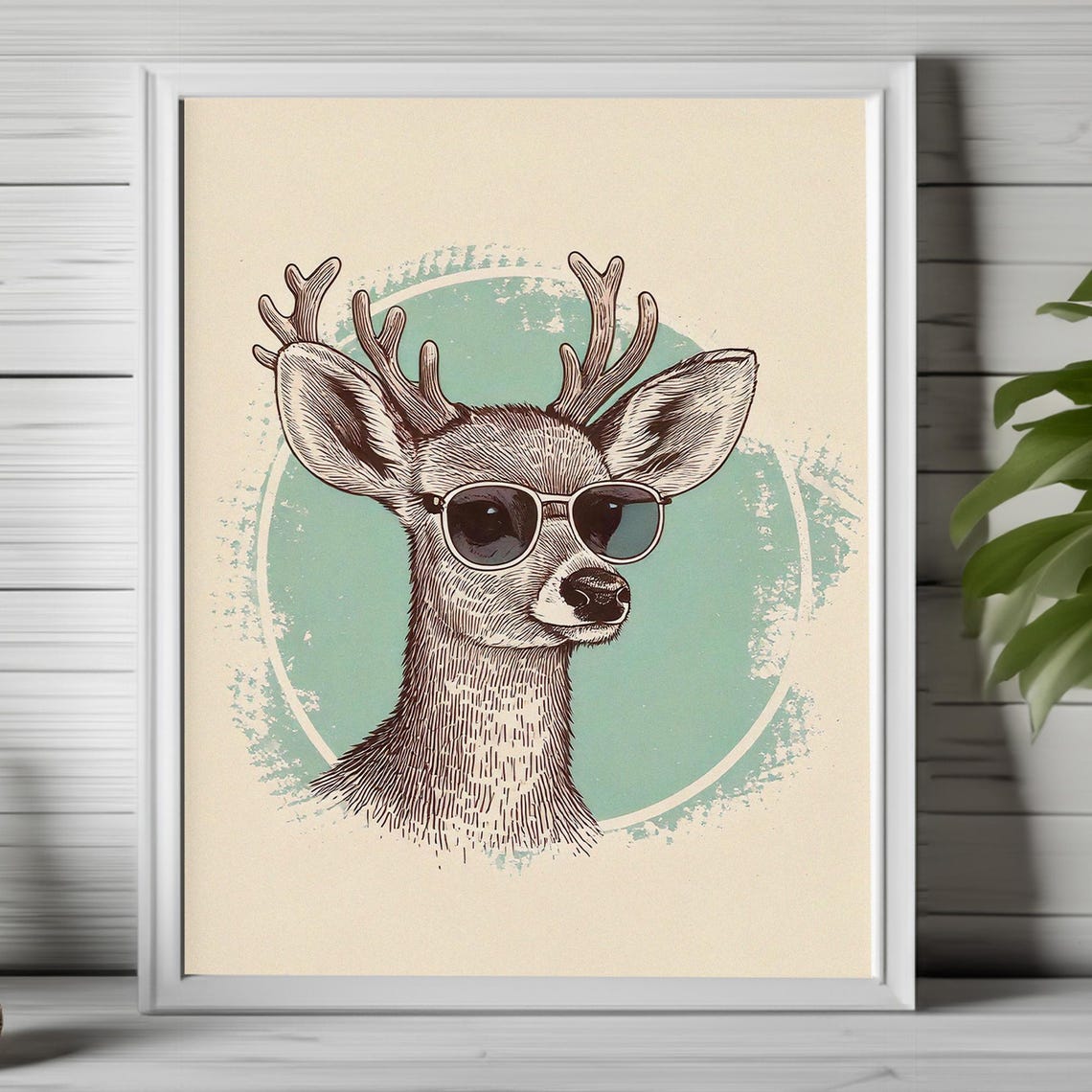 Hipster Deer in Sunglasses Retro Sketch Mint Circle Art Poster - Image 2
