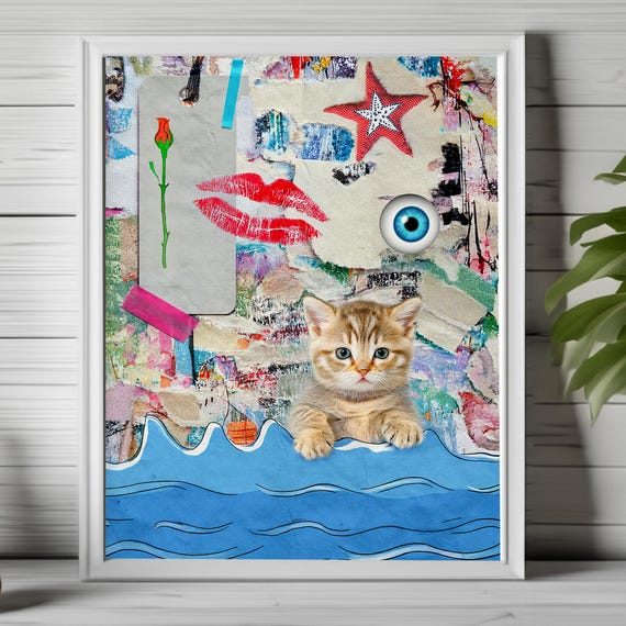 Whimsical Cat Collage Surreal Kitten Art Quirky Pop Mixed Media Funky Wall Decor Print 90
