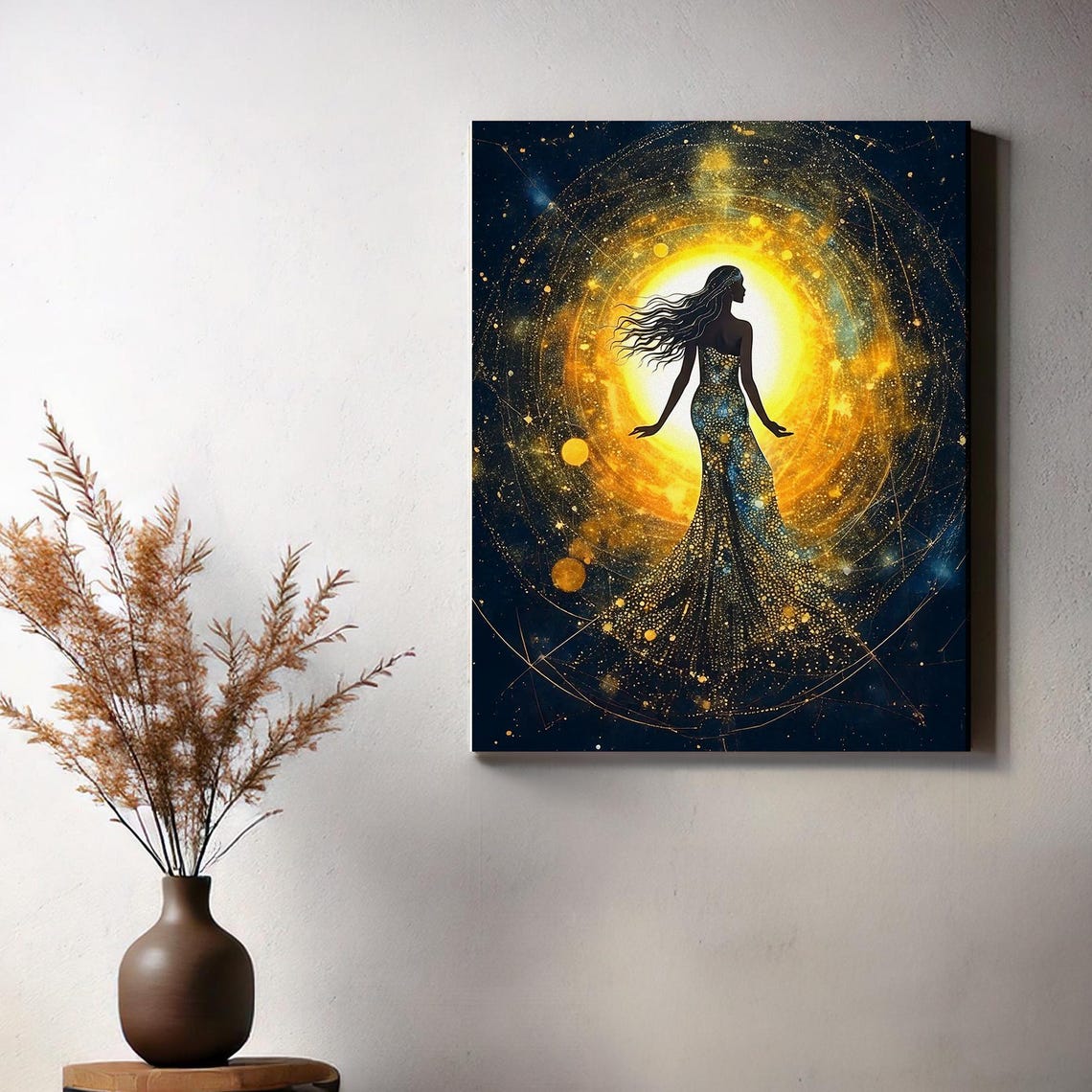 Celestial Goddess Silhouette in Radiant Gold Cosmic Wall Art - Image 3