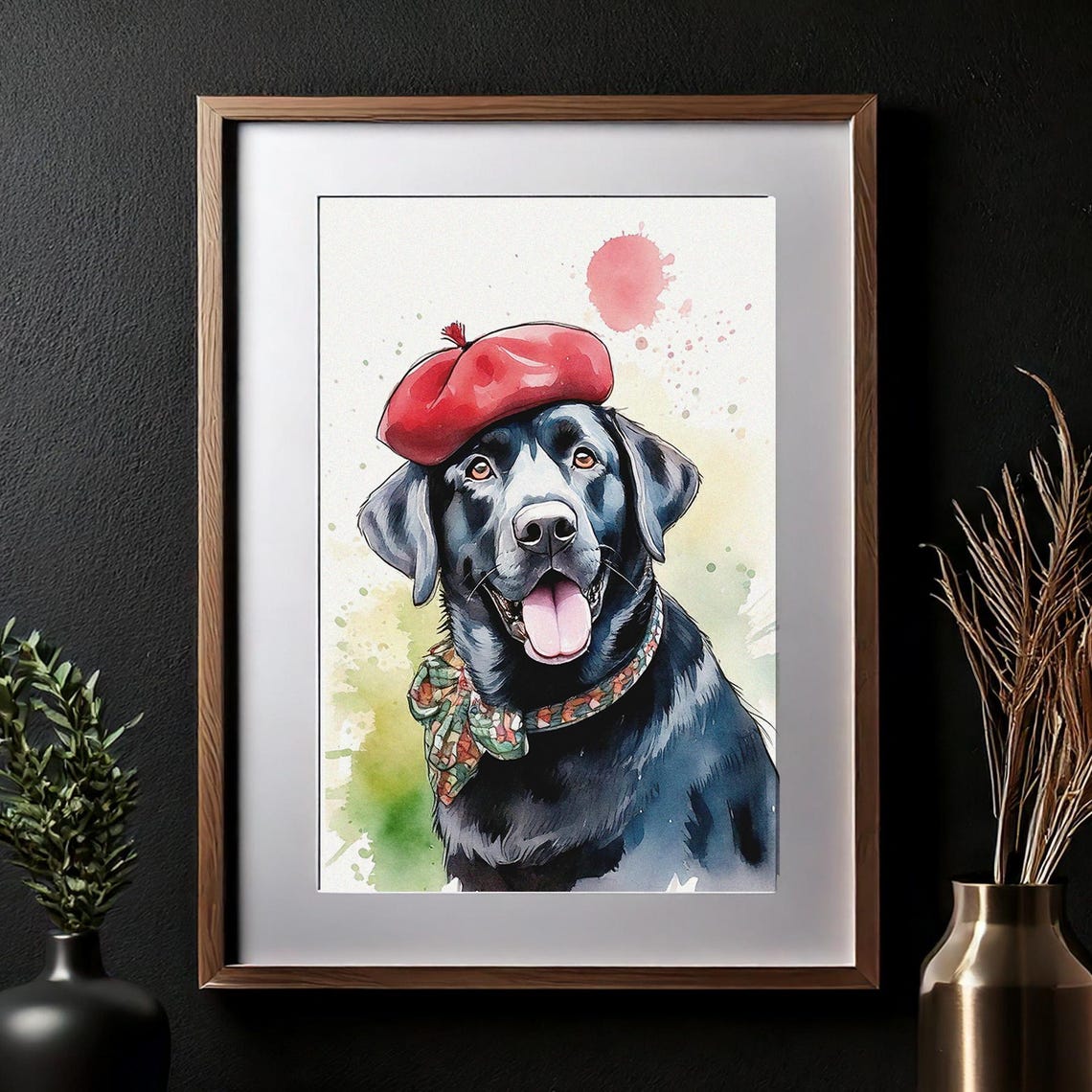 Black Labrador in Red Beret Watercolor Portrait Dog Art Poster - Image 3