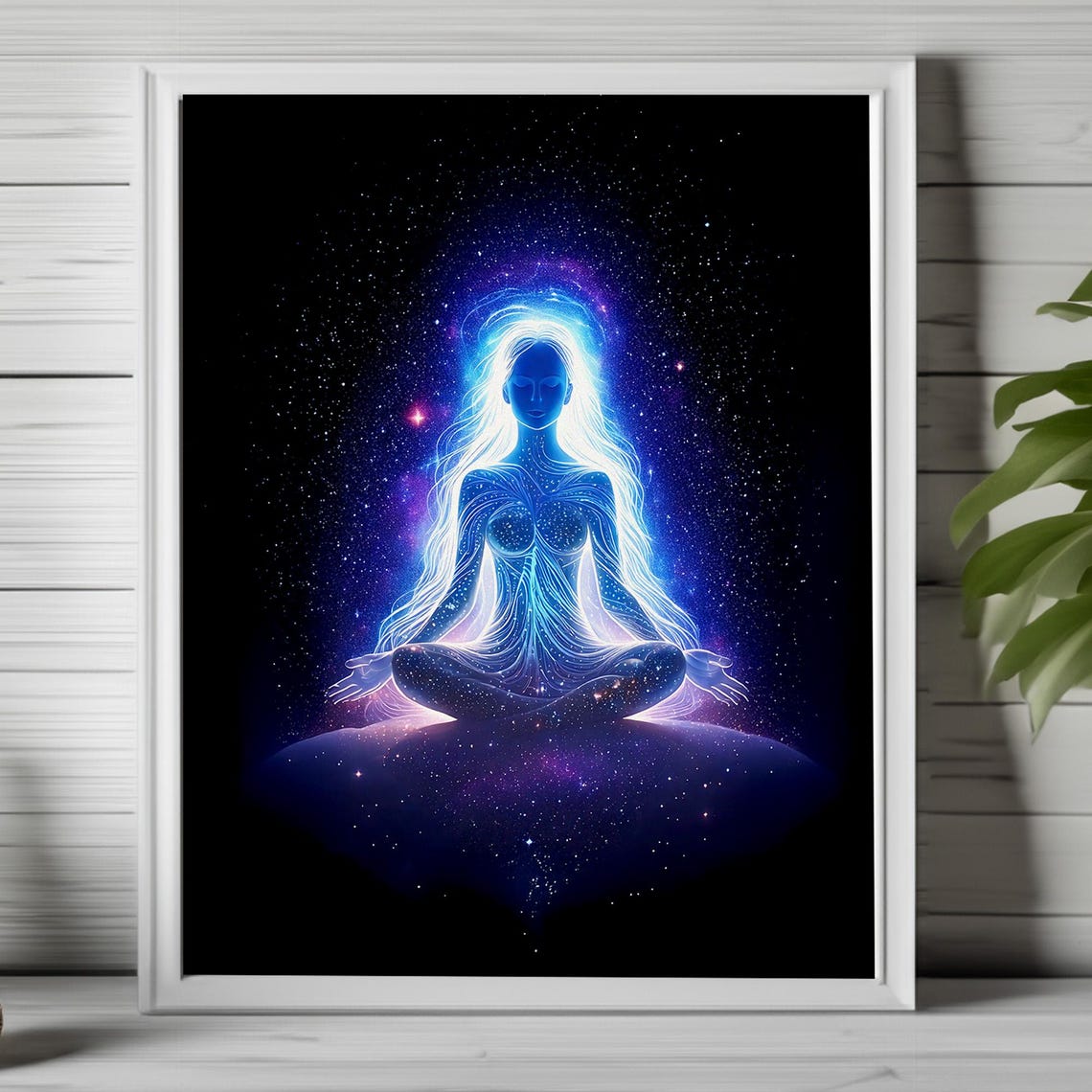 Cosmic Blue Goddess Meditating in Starry Galaxy Spiritual Wall Art
