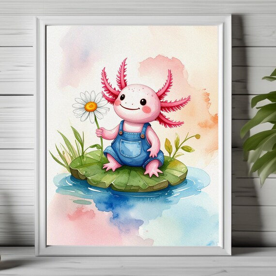 Cute Axolotl Art Whimsical Print Kawaii Pastel Nursery Wall Decor Watercolor Kids Animal 212