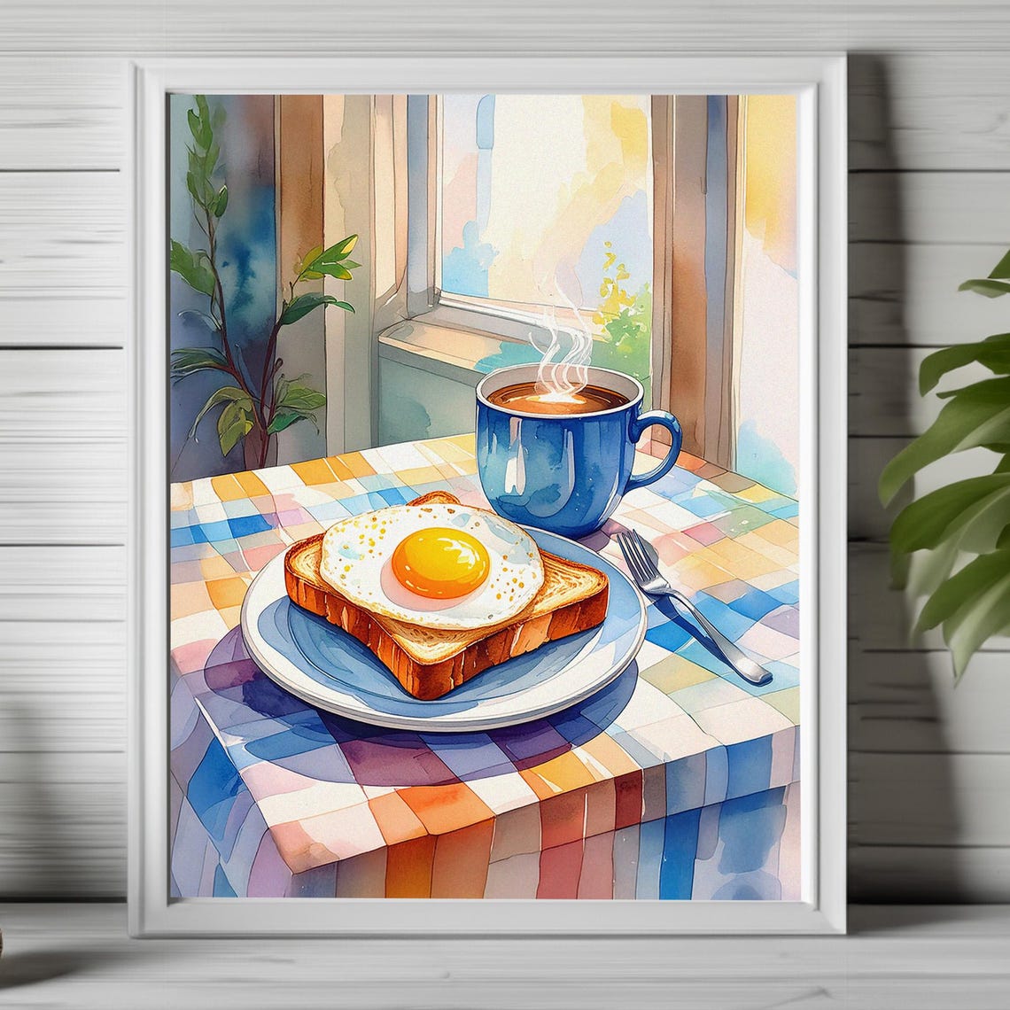 Watercolor Fried Egg Toast Blue Coffee Cup Sunny Breakfast Poster
