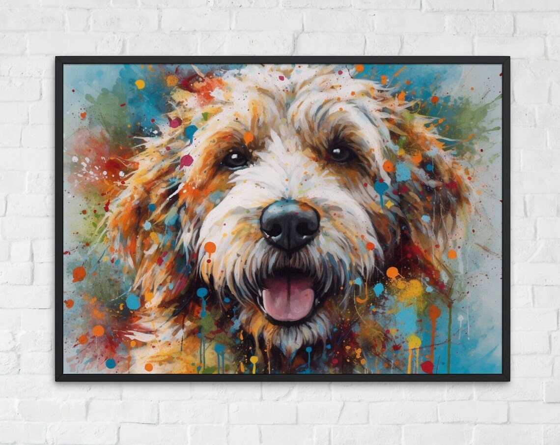 Happy Cream Doodle Dog Portrait With Rainbow Paint Splatter Art Poster