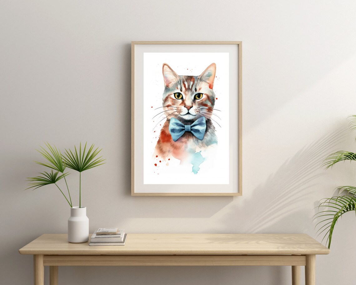 Bow Tie Cat Print, Watercolor Funny Cat Art - Image 3