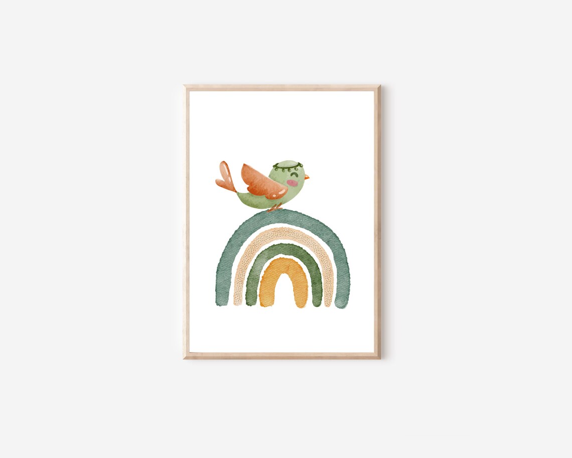 Green Little Bird and Rainbow Nursery Art Print - Image 4