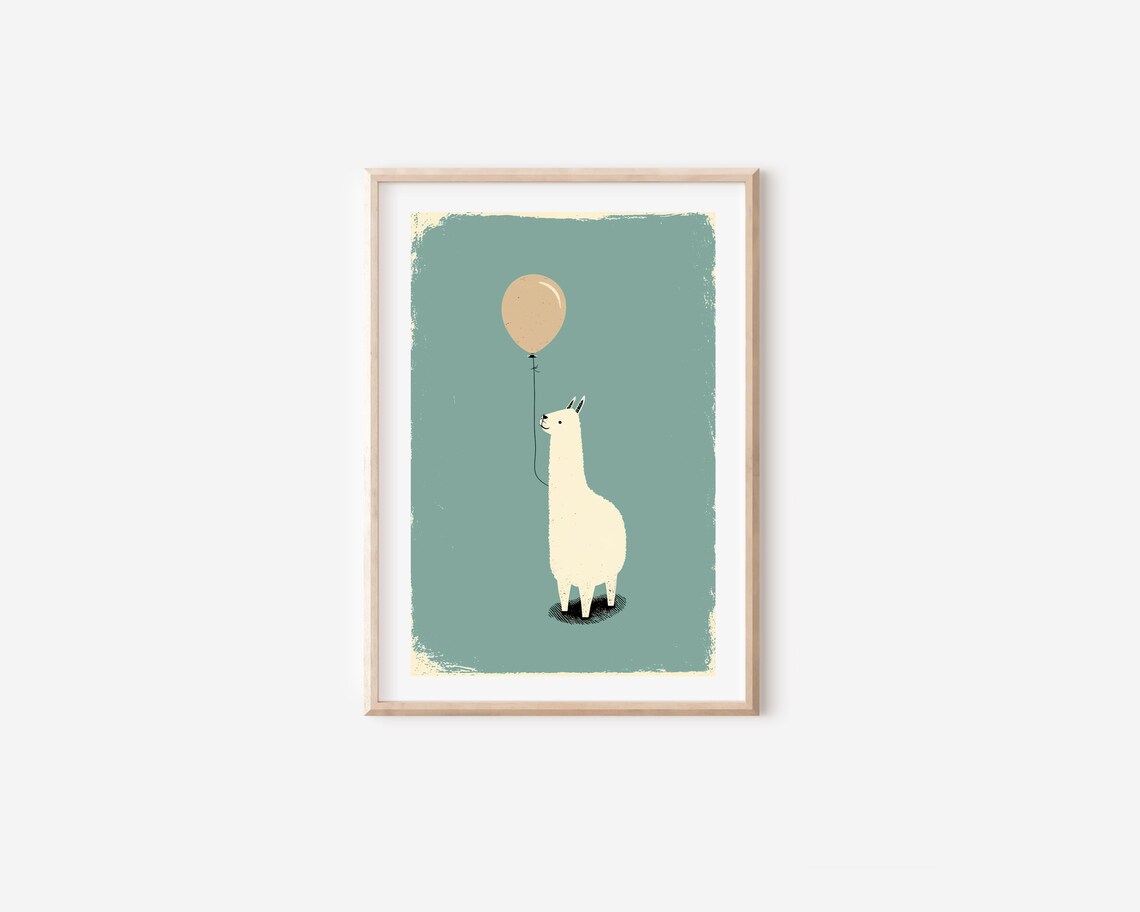 Minimalist Llama Holding Balloon Teal Background Nursery Animal Wall Art - Image 4