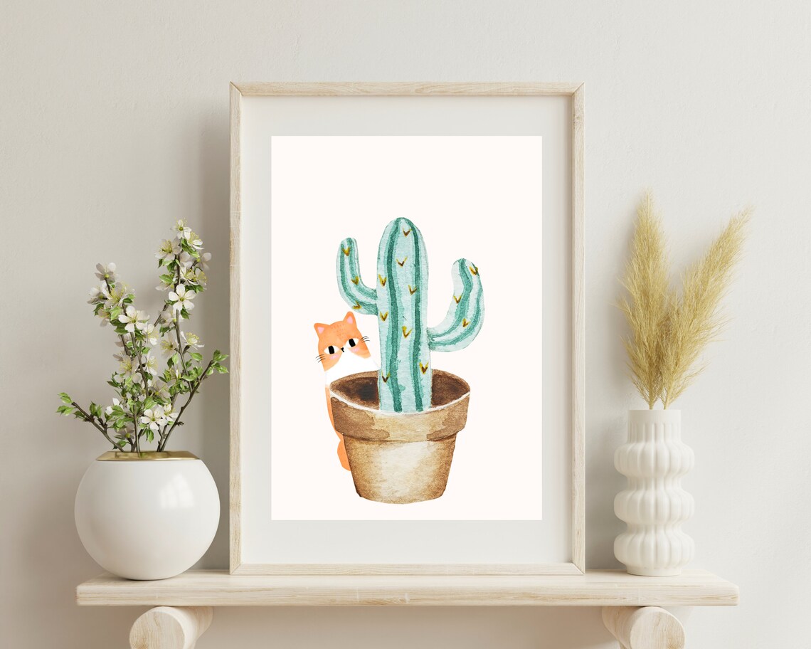 Boho Cat And House Plant, Watercolor Botanical Art Print - Image 3