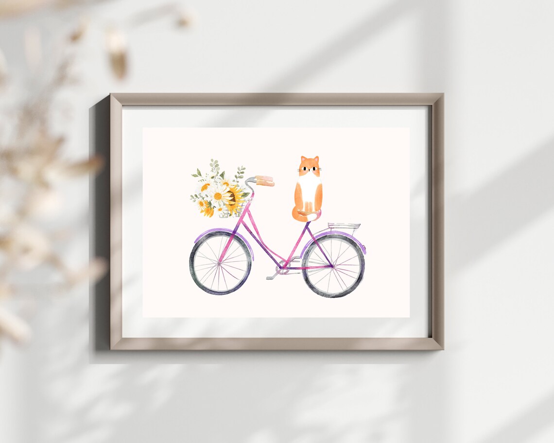Watercolor Cat on Bicycle, Boho Floral Art Print - Image 2