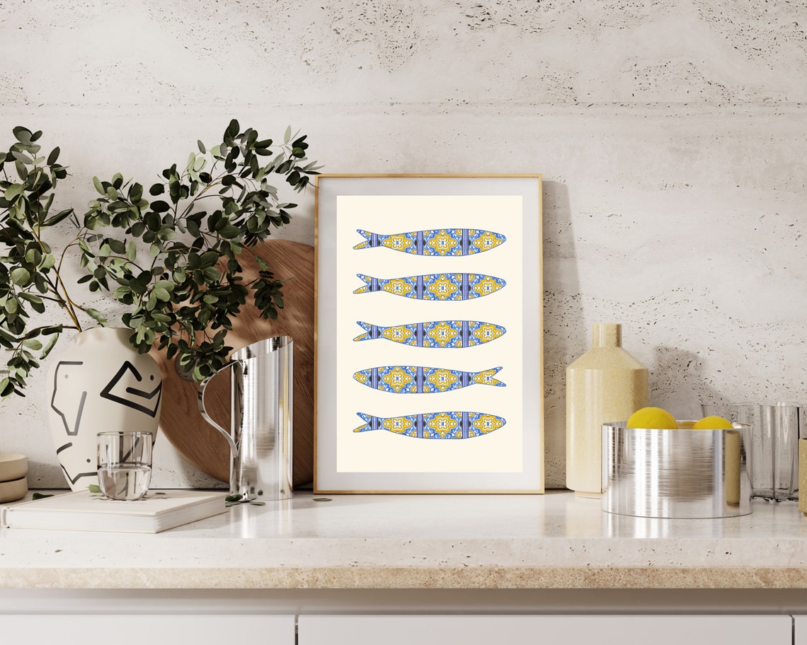 Portuguese Sardine Azulejo Art Print, Boho Mediterranean - Image 2