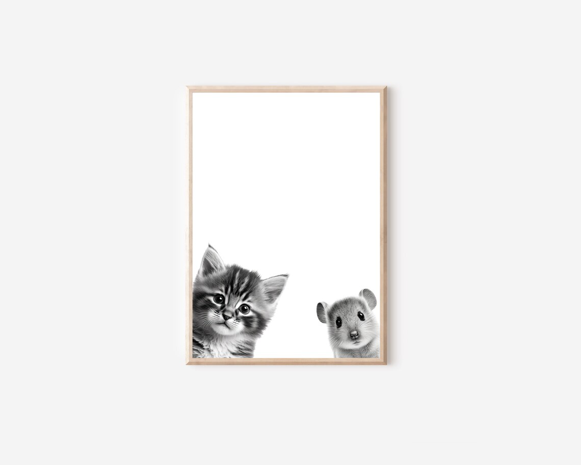 Black And White Baby Cat And Mouse Peeking Nursery Animal Wall Art - Image 4