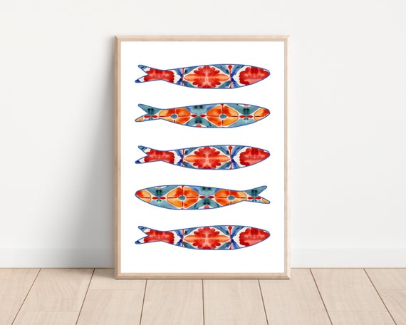 Portuguese Sardine Tile Watercolor Kitchen Art Print