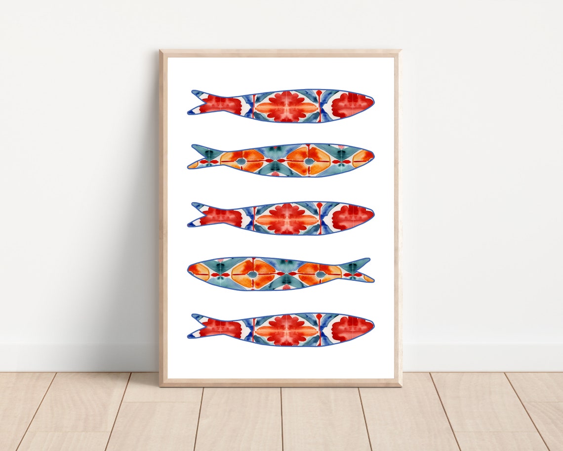 Portuguese Sardine Tile Watercolor Kitchen Art Print