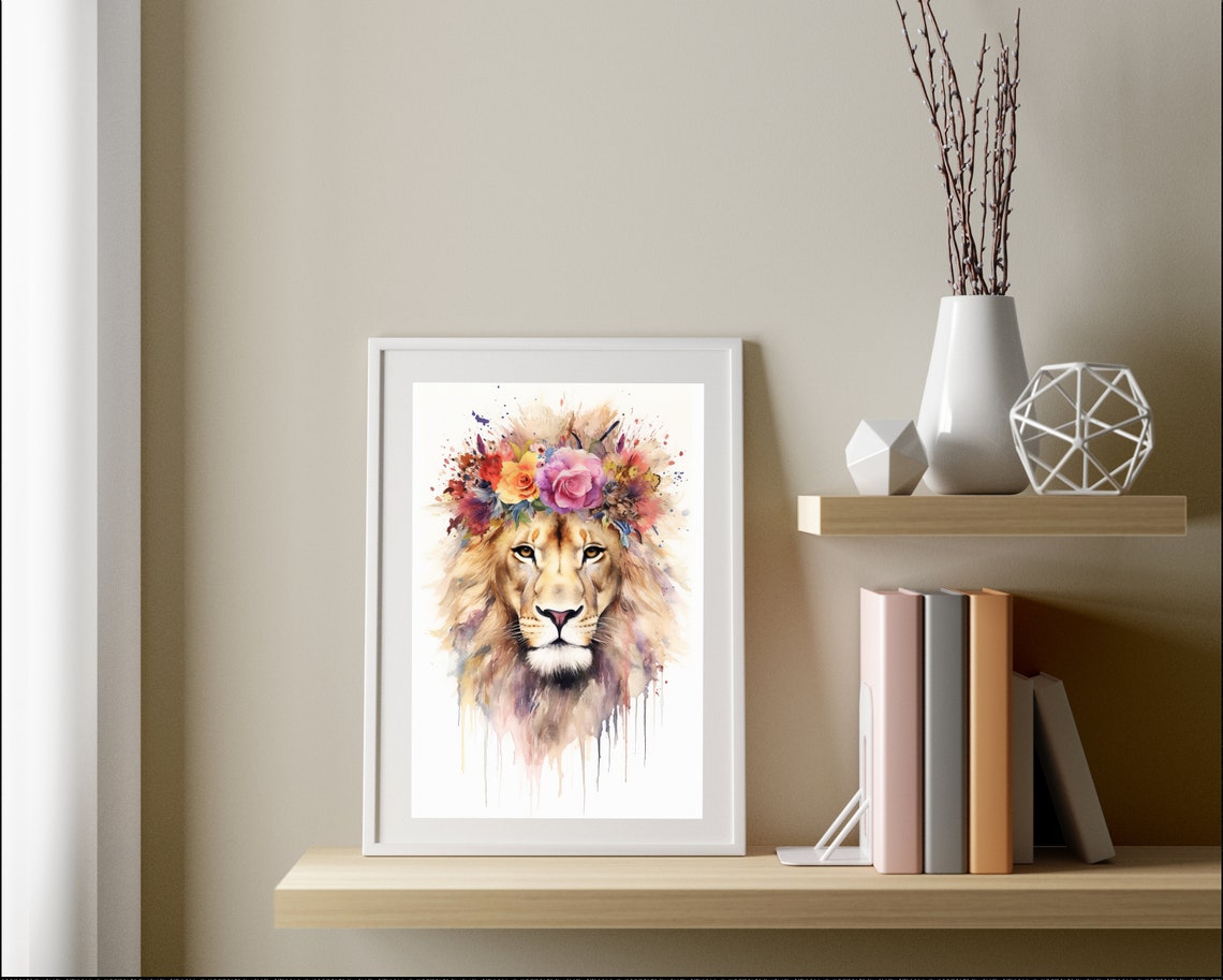 Watercolor Lion Print Flower Crown Animal Art Watercolor Lion Wall Art Safari Animal Painting Original Lion Portrait Drawing - Image 3