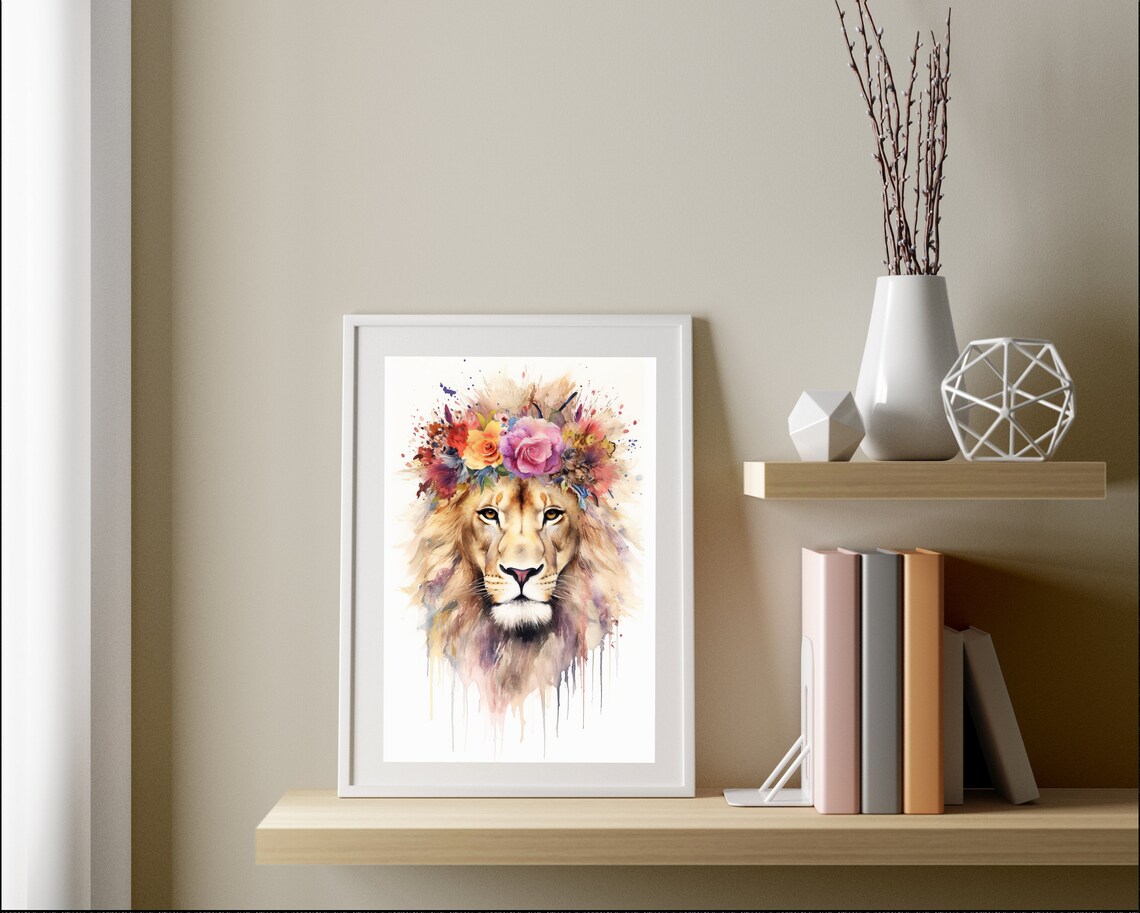 Watercolor Lion with Flower Crown Safari Animal Portrait Poster - Image 3
