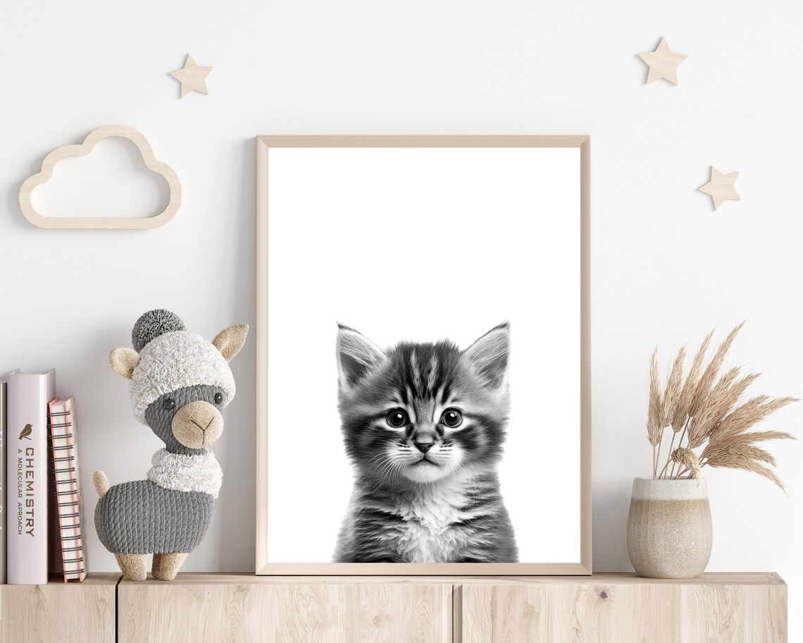 Black And White Kitten Portrait Minimalist Nursery Cat Wall Art - Image 3