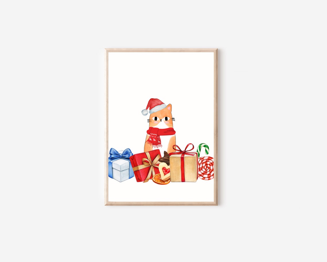 Cute Christmas Cat and Presents Christmas Art Print - Image 4