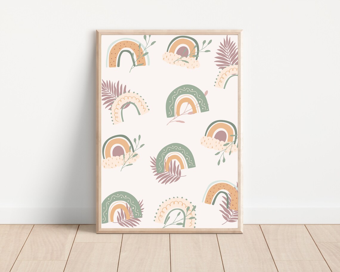 Boho Floral Neutral Nursery Rainbow, Wall Art Print