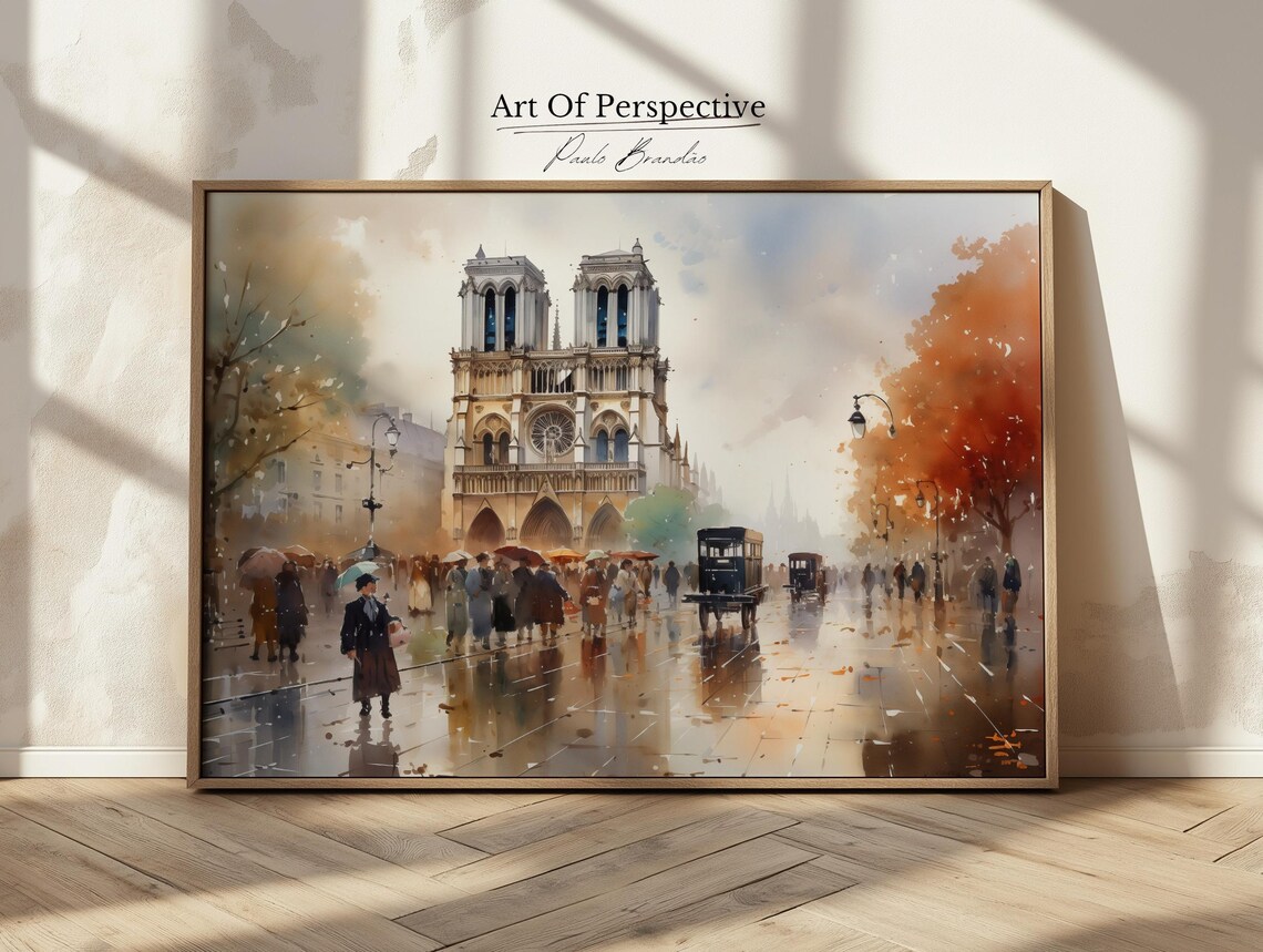 Notre Dame Cathedral Paris Rainy Street Watercolor Style Poster