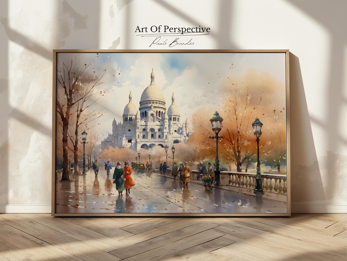 Sacre Coeur Basilica Paris Autumn Watercolor Montmartre Street Poster
