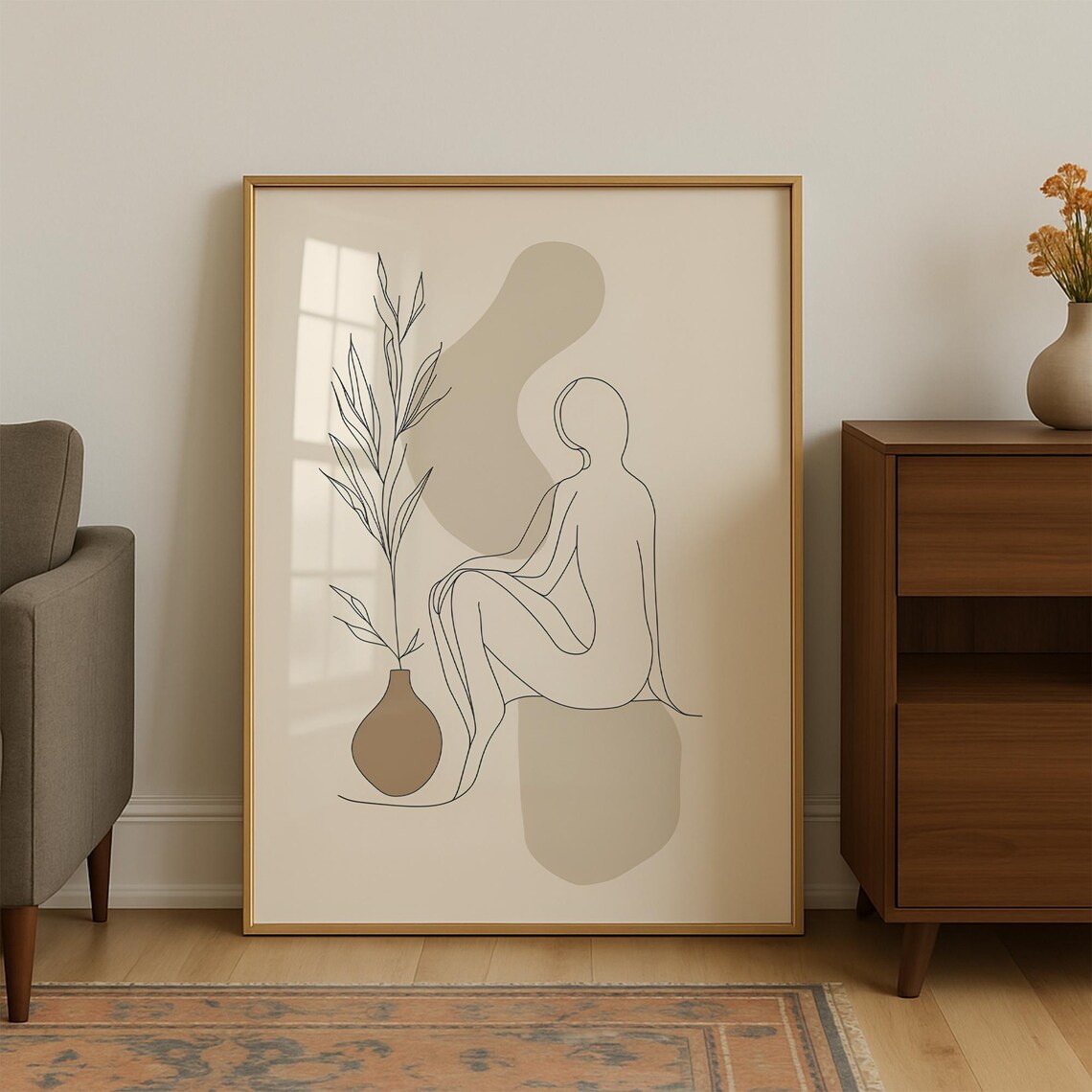 Minimalist Line Art Seated Woman With Plant Japandi Beige Poster