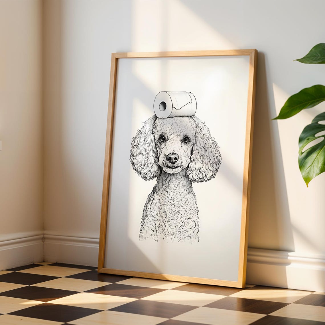 Funny Poodle With Toilet Paper Roll Balanced Sideways On Head Poster
