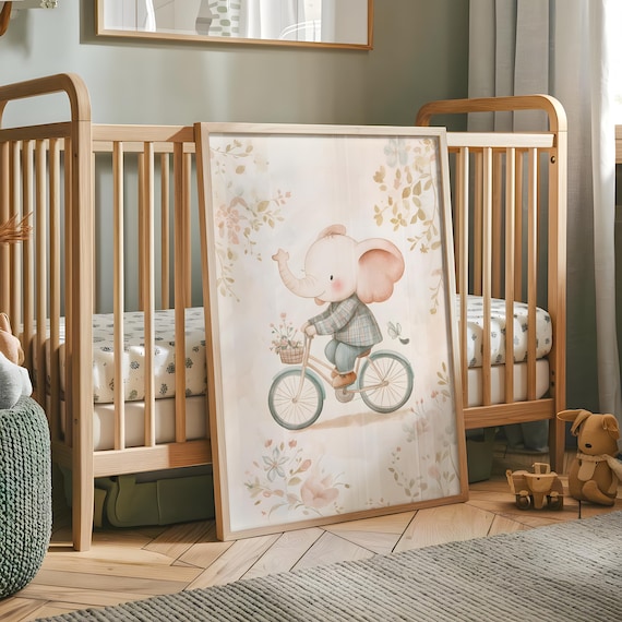 Cute Baby Elephant Riding a Bicycle Nursery Wall Art for Kids Room