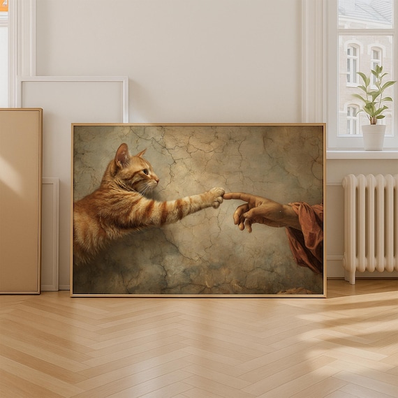 Ginger Cat Paw Touching a Finger Renaissance Fresco Parody Poster