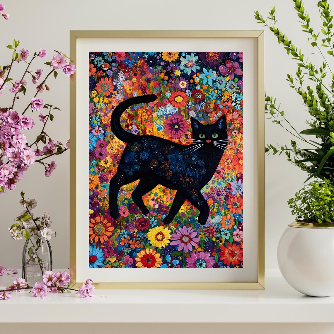 Black Cat With Green Eyes in a Colorful Wildflower Meadow Art Poster