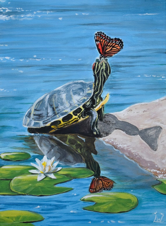 Turtle With Monarch Butterfly And Lily Pads Original Painting Fine Art By Lauren White